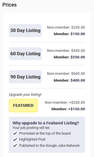List of job posting prices for members and non-members